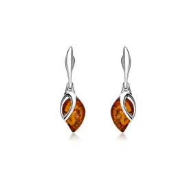 Sterling Silver Amber Teardrop Leaf Drop Earrings