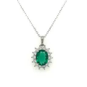 Sterling Silver Emerald CZ & Cluster Halo Pendant