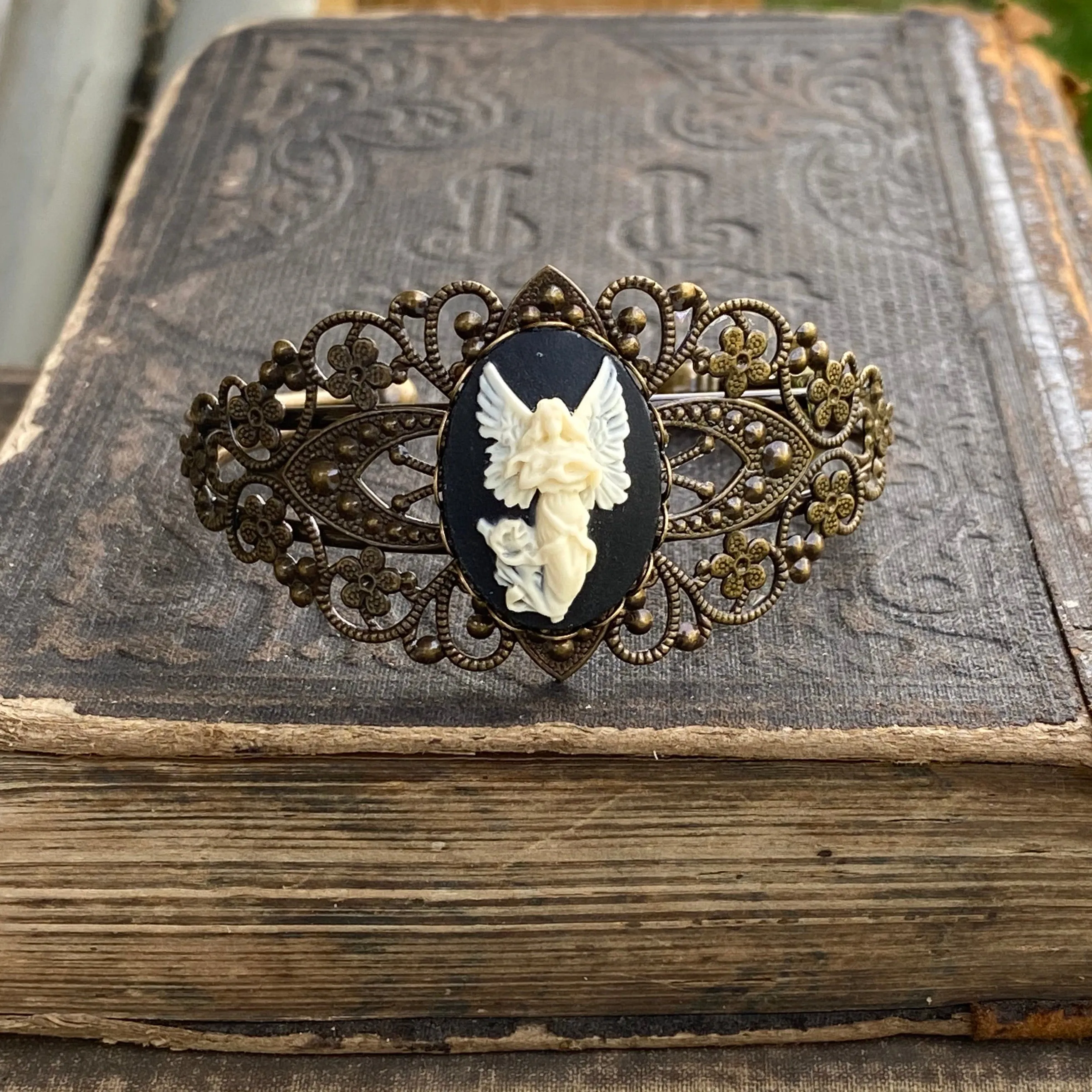 Thistle Cameo Cuff Bracelet- Adjustable Antiqued Bronze Vintage Victorian Filigree Style Thistle Horse