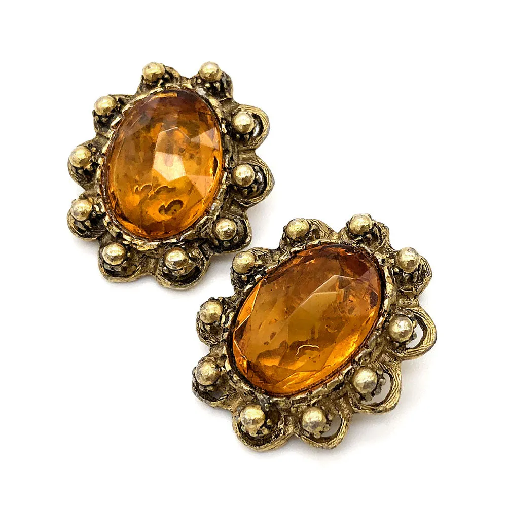 【USA輸入】ヴィンテージ アンバー フラワー ラインストーン イヤリング/Vintage Amber Flower Rhinestones Clip On Earrings