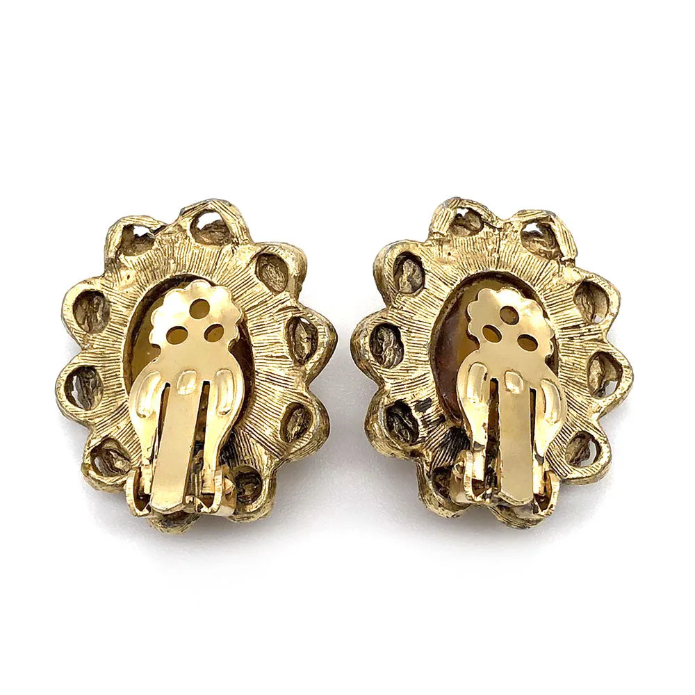 【USA輸入】ヴィンテージ アンバー フラワー ラインストーン イヤリング/Vintage Amber Flower Rhinestones Clip On Earrings