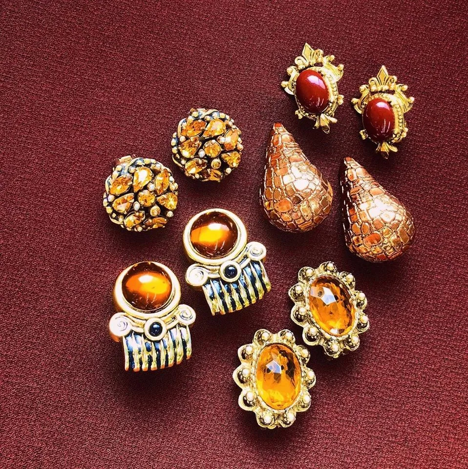 【USA輸入】ヴィンテージ アンバー フラワー ラインストーン イヤリング/Vintage Amber Flower Rhinestones Clip On Earrings