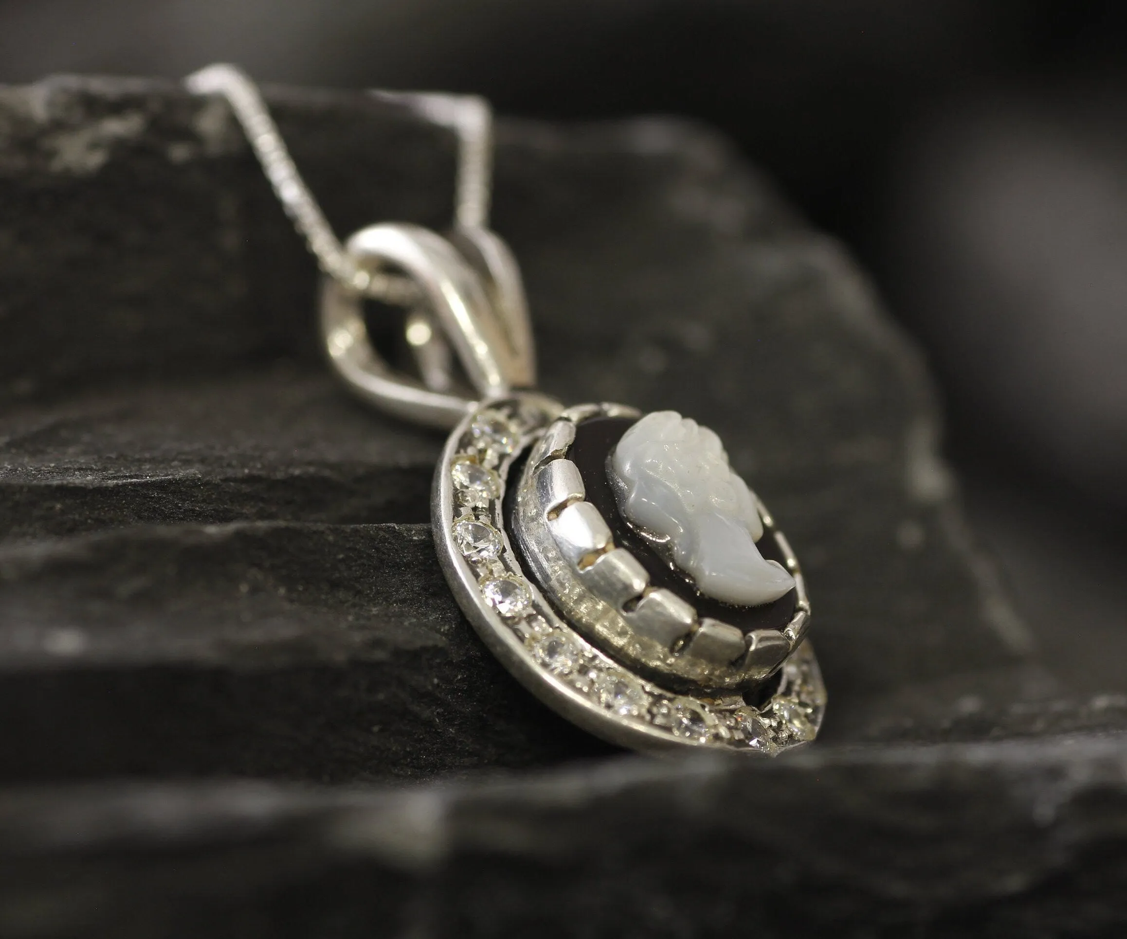 Victorian Cameo Necklace - Lady Antique Pendant - Roman Silver Necklace