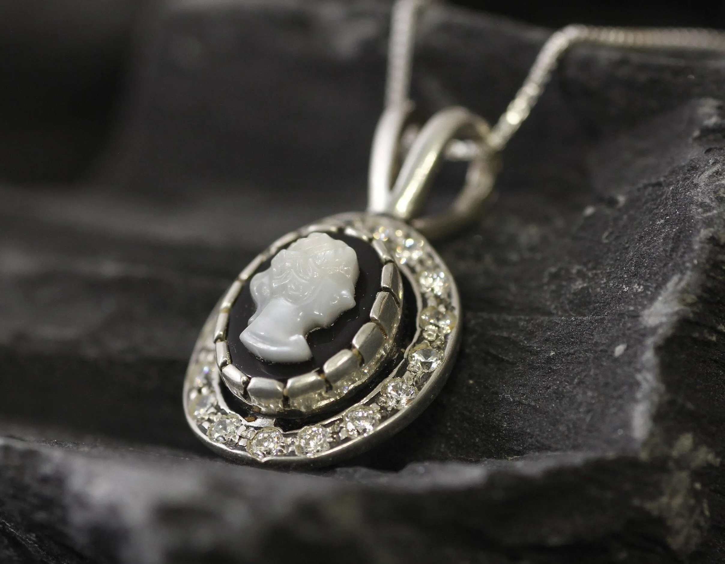 Victorian Cameo Necklace - Lady Antique Pendant - Roman Silver Necklace