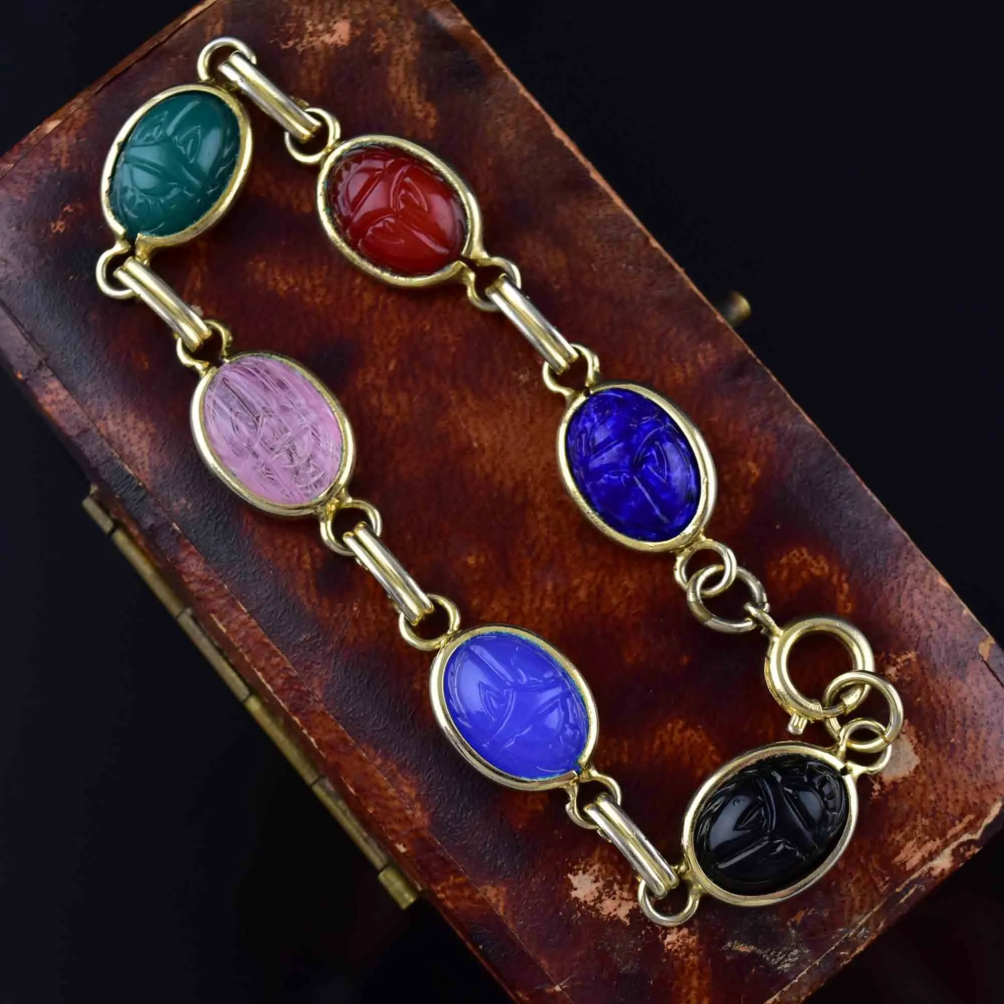 Vintage Gold Fill Gemstone Scarab Beetle Bug Bracelet