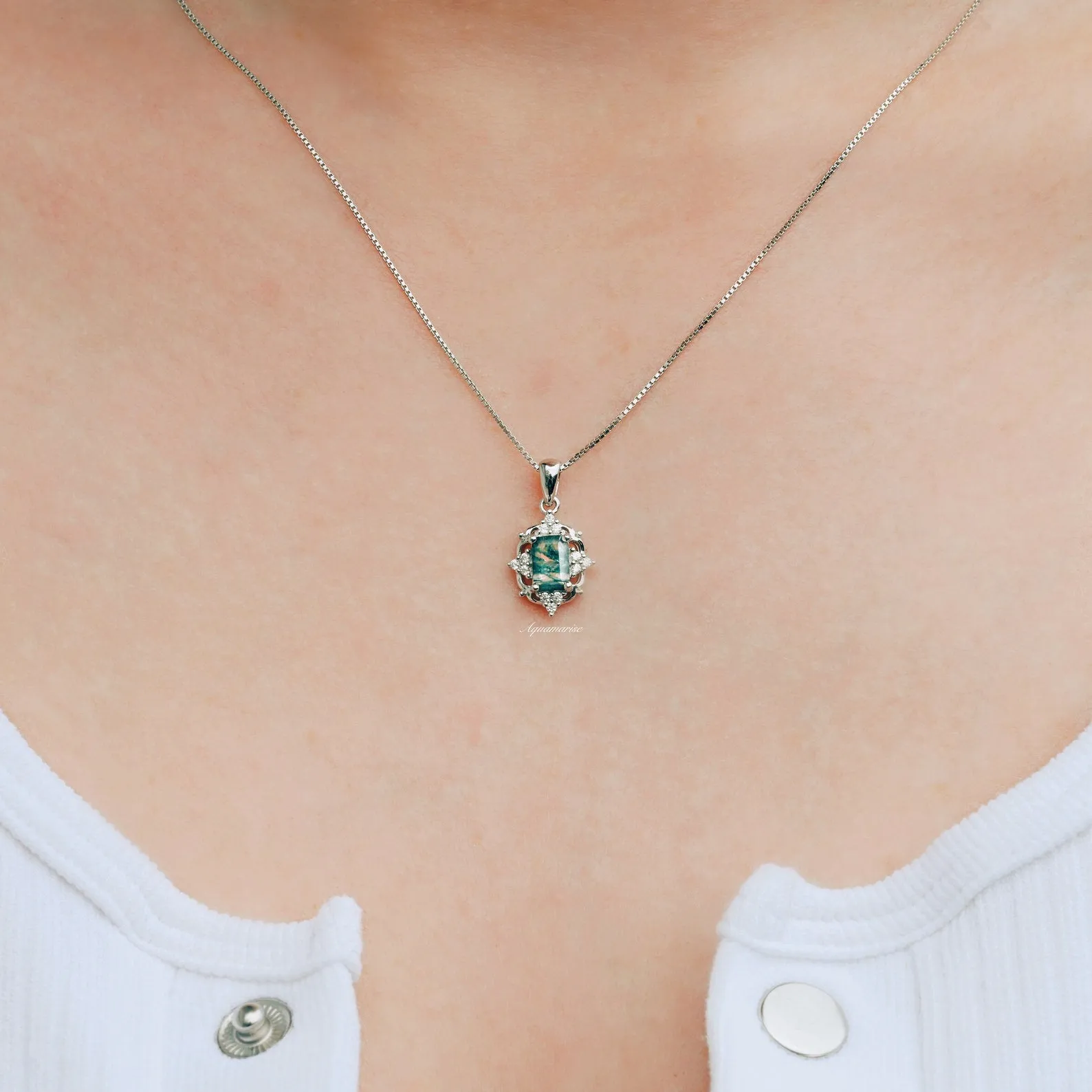 Vintage Green Moss Agate Necklace- 925 Sterling Silver