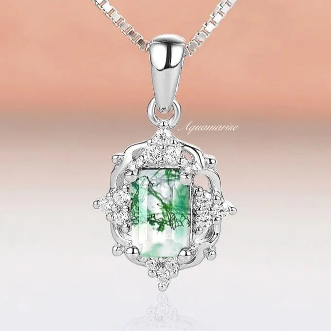 Vintage Green Moss Agate Necklace- 925 Sterling Silver