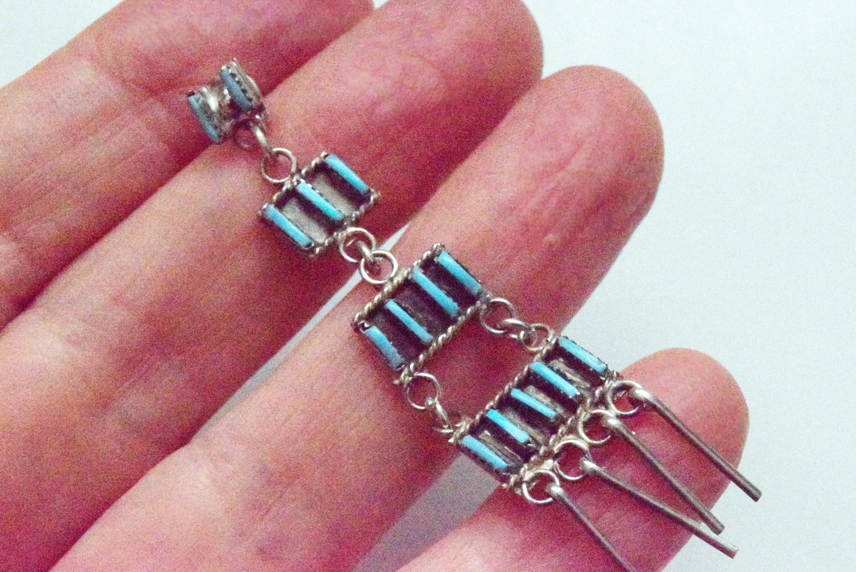 Vintage Zuni Needlework Turquoise Dangle Earrings by Ophelia Soseeah