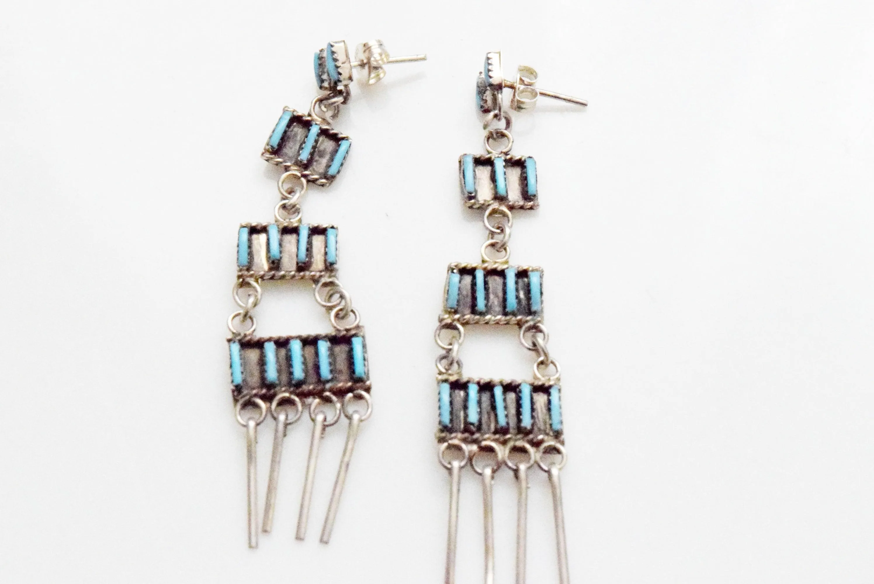 Vintage Zuni Needlework Turquoise Dangle Earrings by Ophelia Soseeah
