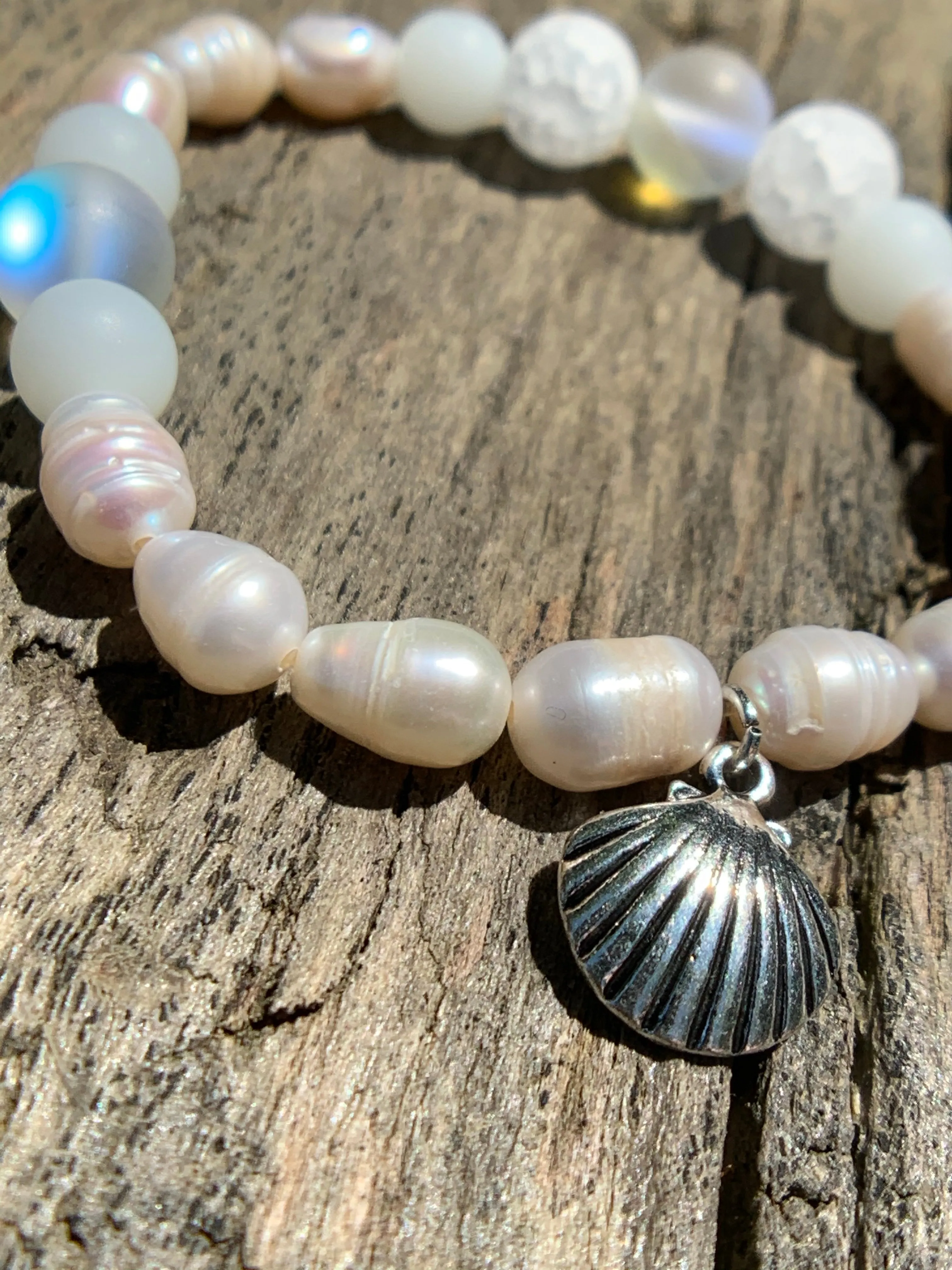 White Fresh Water Pearls, White Crackle Agate & Magic “Opal” Beaded Bracelet with Silver Shell Charm