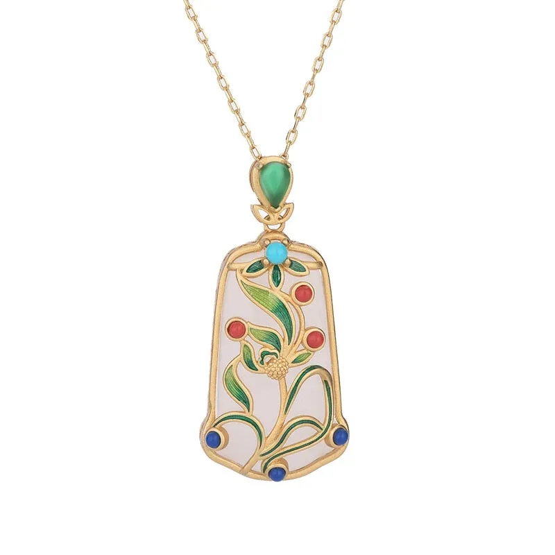 White Hetian Jade Cloisonne Enamel Flower Pendant Necklace