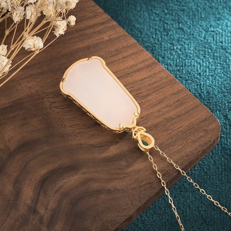 White Hetian Jade Cloisonne Enamel Flower Pendant Necklace