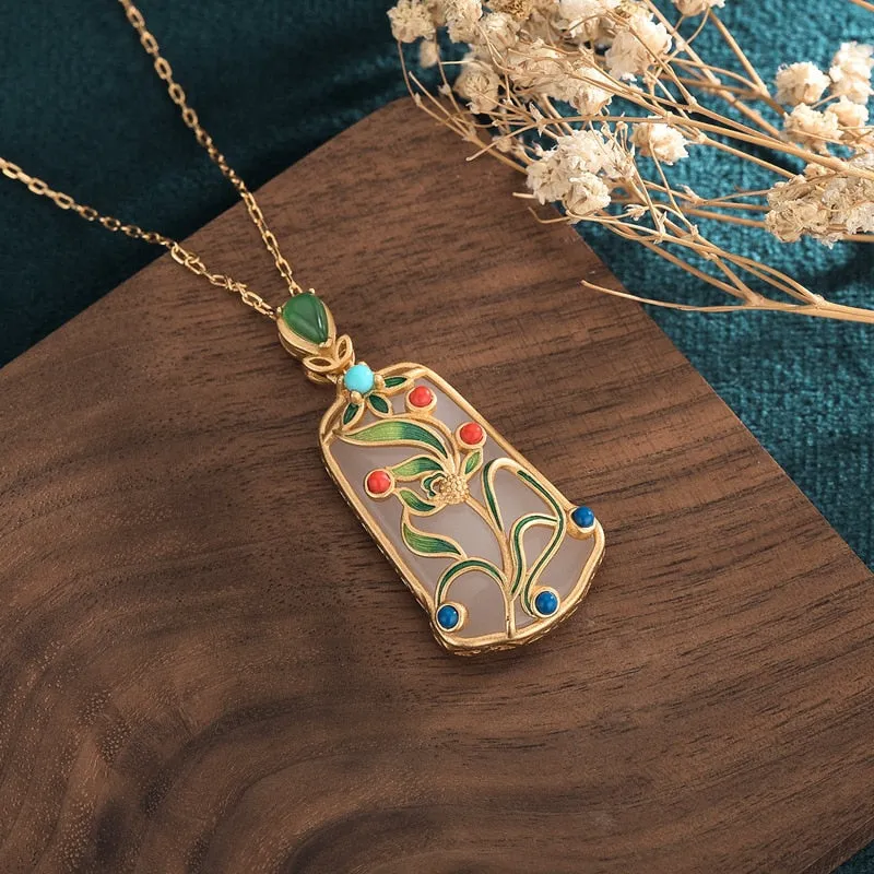 White Hetian Jade Cloisonne Enamel Flower Pendant Necklace