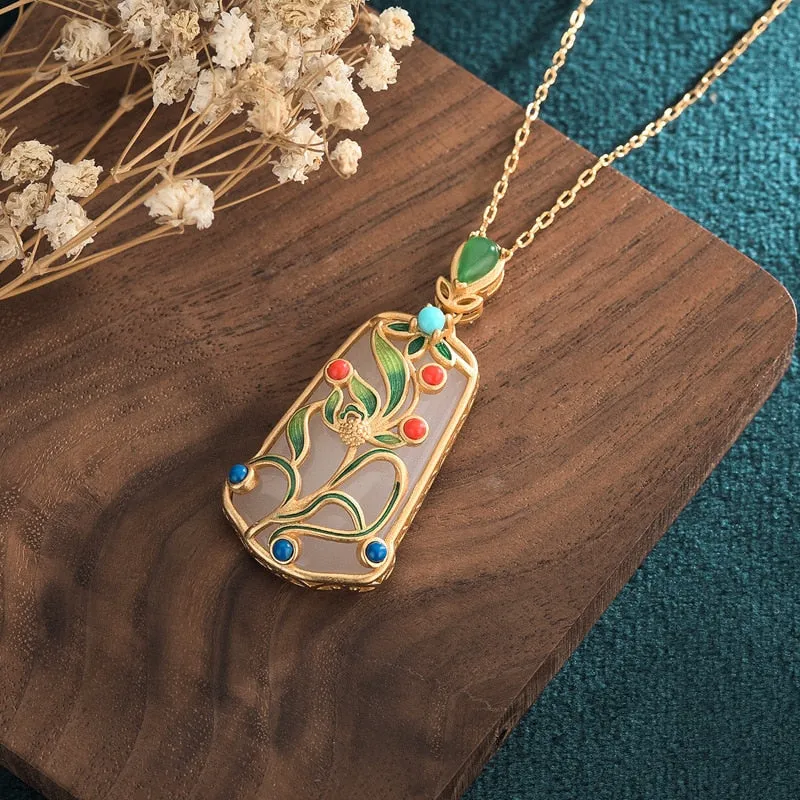 White Hetian Jade Cloisonne Enamel Flower Pendant Necklace
