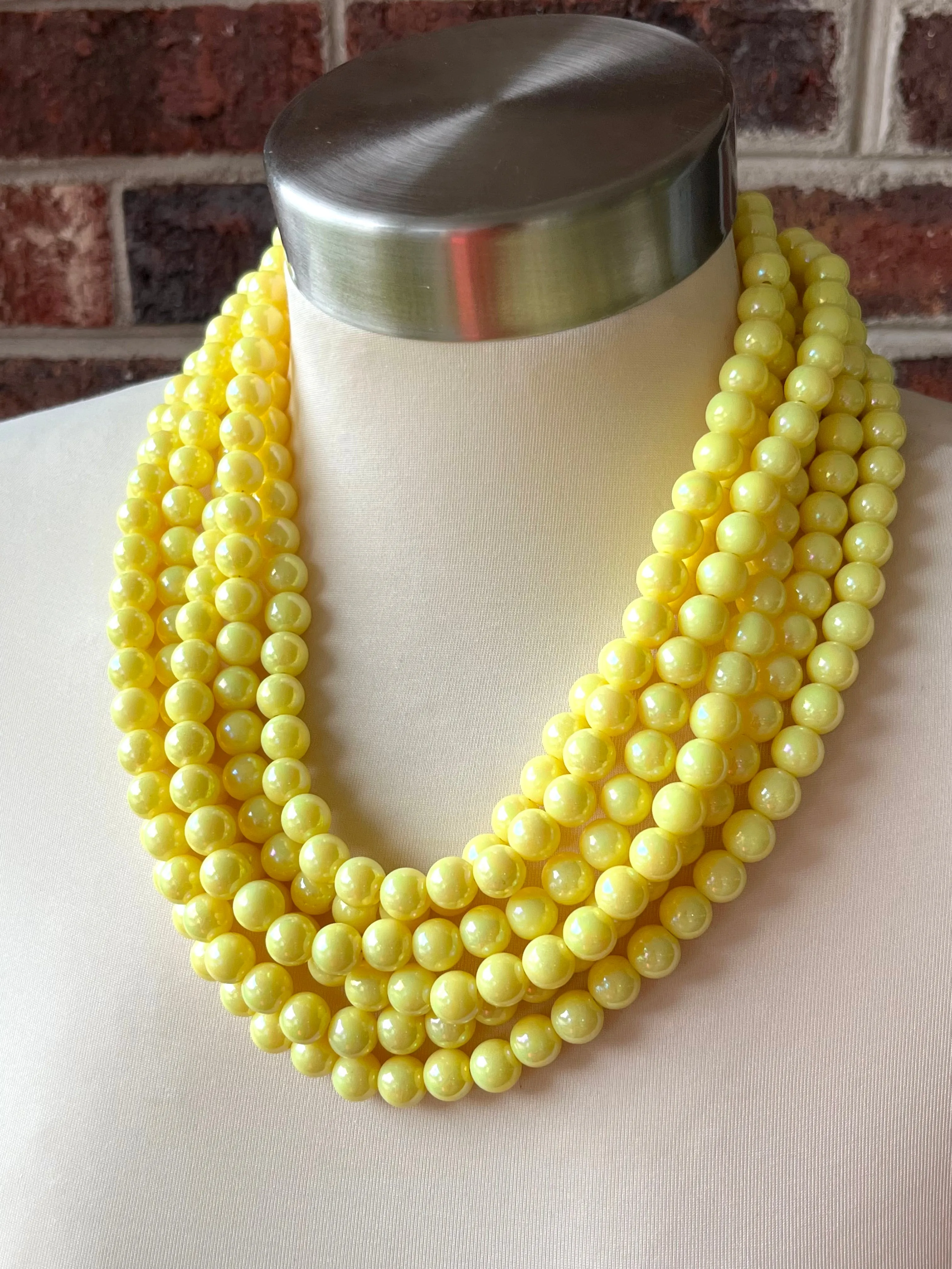 Yellow Pearlescent Acrylic Lucite Bead Chunky Multi Strand Statement Necklace - Alana